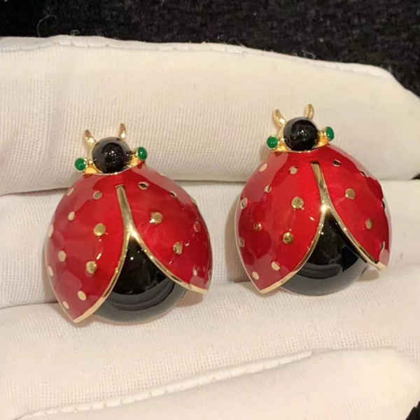 David Webb 18K Yellow Gold Red And Black Enamel Ladybug Earrings