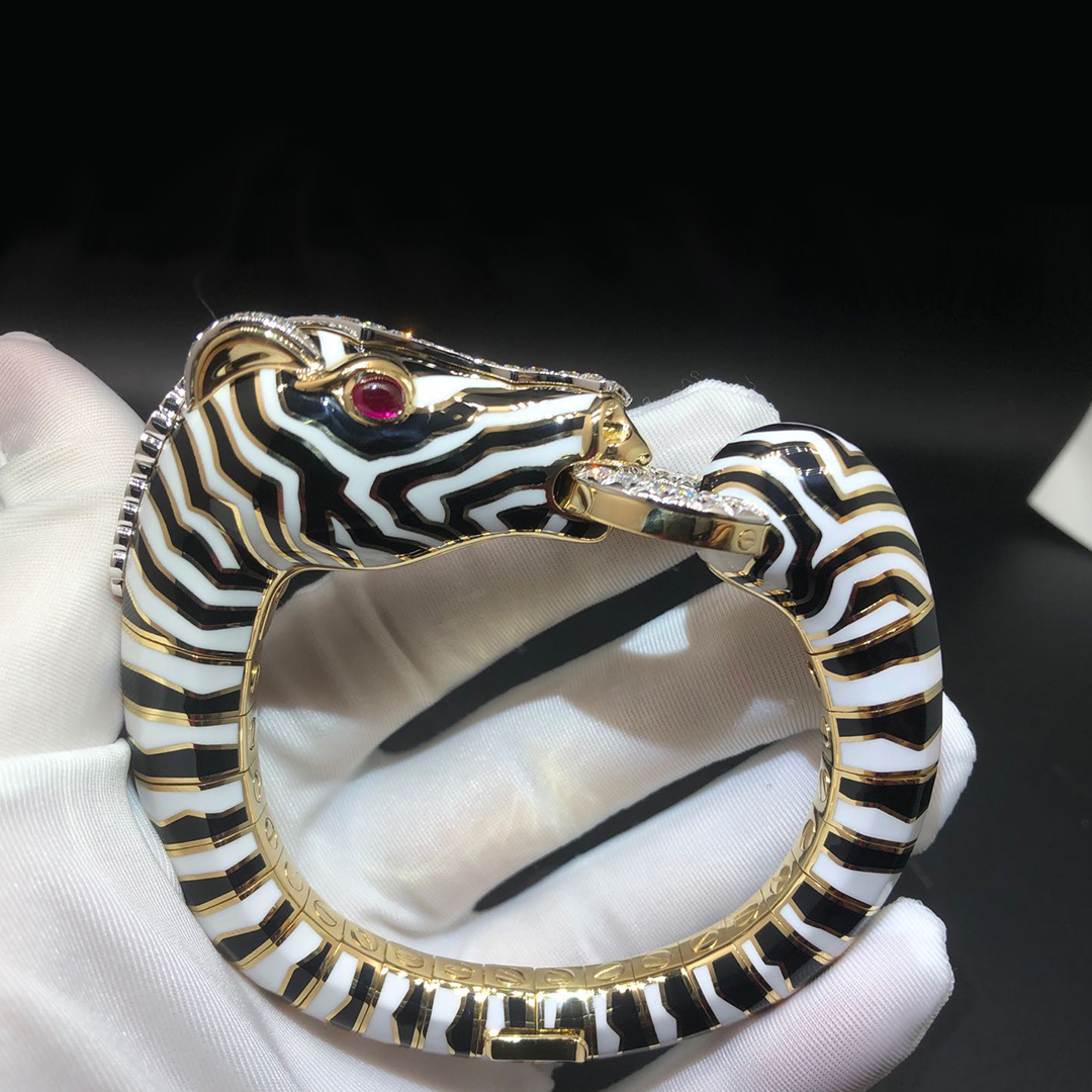 David Webb 18k Yellow Gold and Platinum Enamel, Ruby, Diamond Zebra Bracelet
